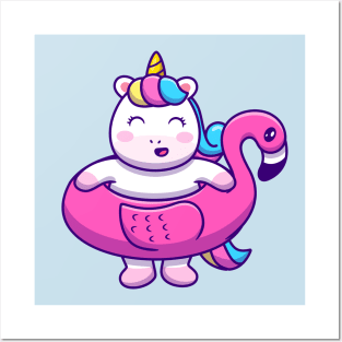 Cute Unicorn Wearing Flamingo Swimming Tires Posters and Art